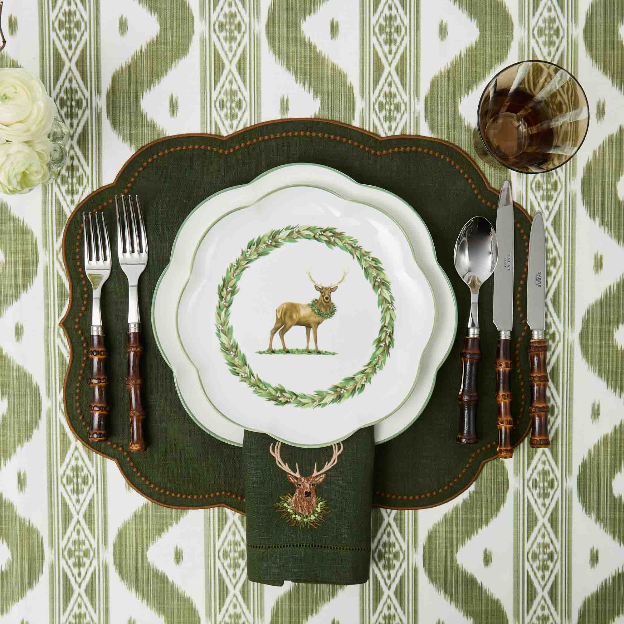 Eloise Green & Chocolate Linen Placemats & Stag Napkins (Set of 4)