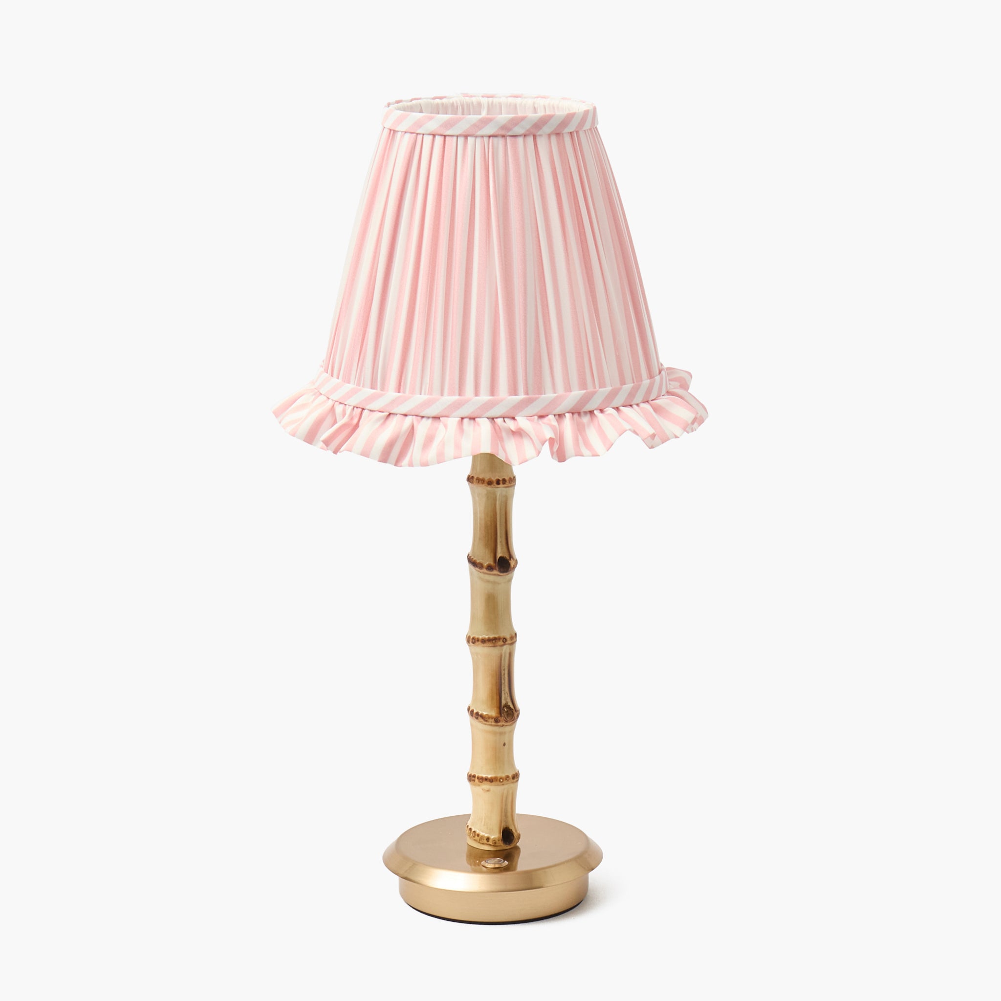 Bamboo Rechargeable Lamp with Pink Stripe Ruffle Shade (18cm)