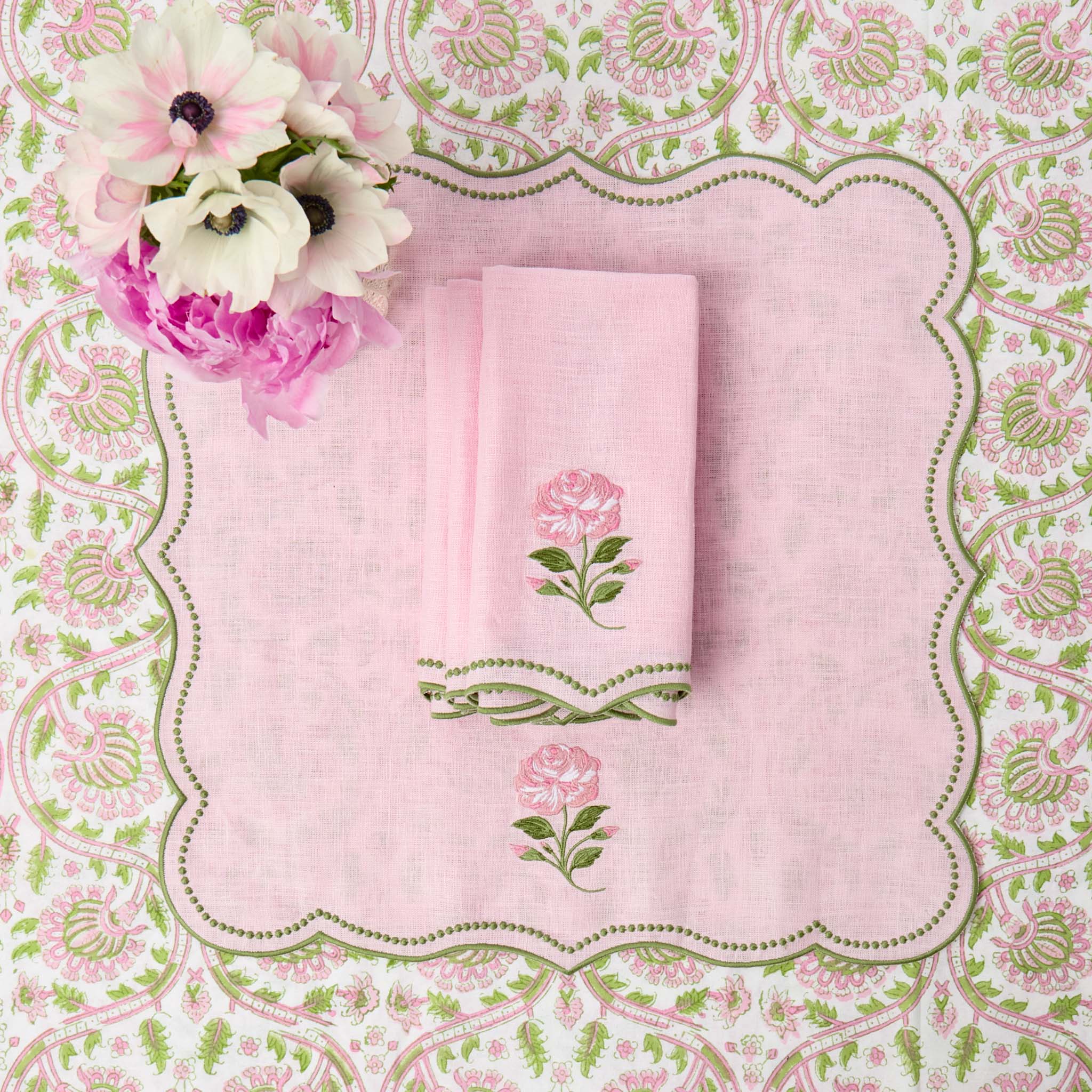 Pink Rose Linen Embroidered Napkins (Set of 4)