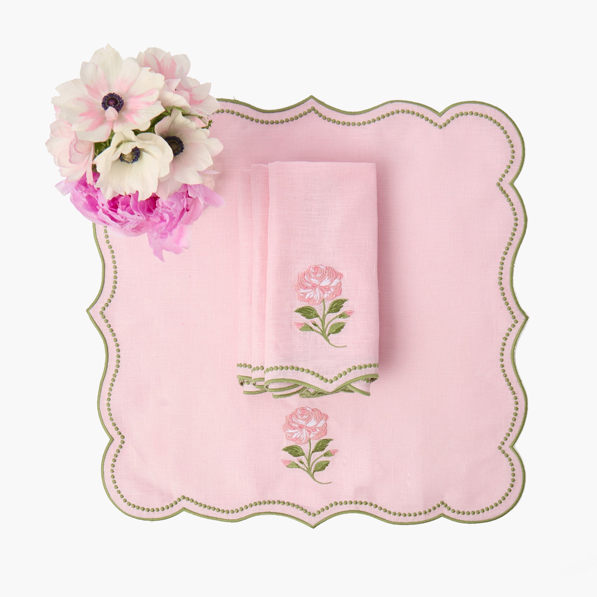 Pink Rose Linen Embroidered Napkins (Set of 4)