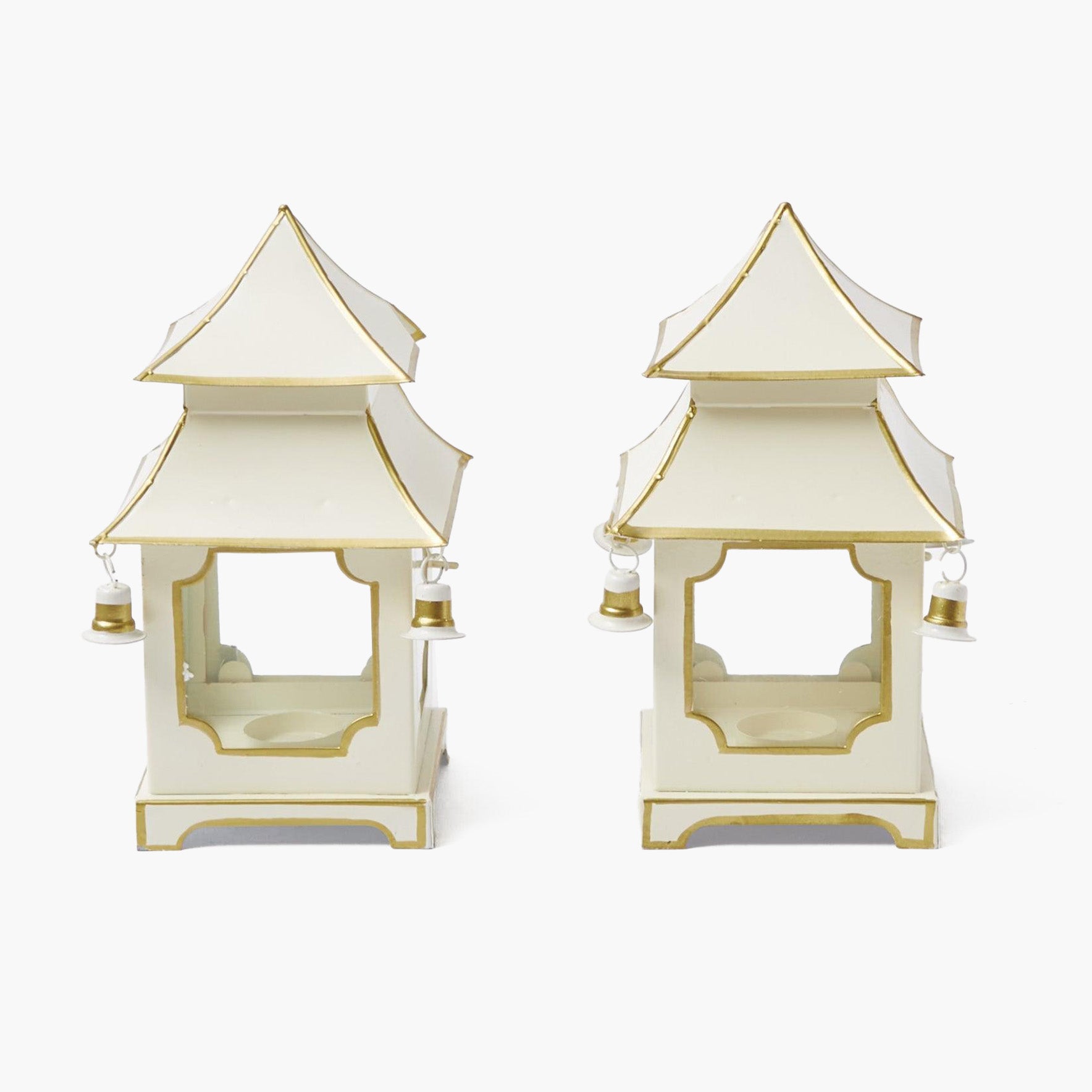 Illuminate your holiday decor with the White With Gold Mini Pagoda Lanterns - a pair that adds a touch of elegance and a warm glow to your Christmas festivities.