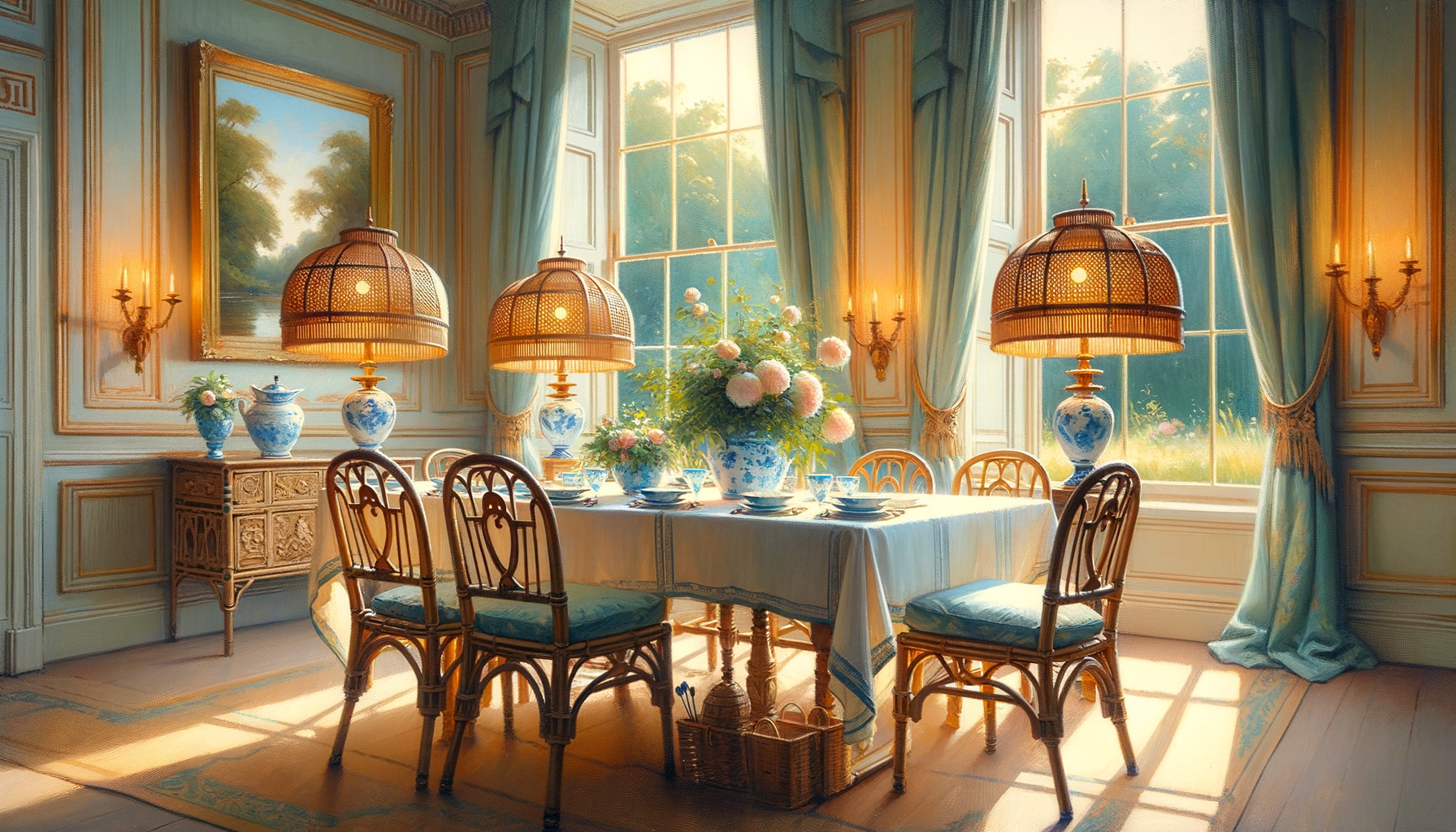 elegant tablescape with rattan lamp, blue silk shade, and chinoiserie details in warm light