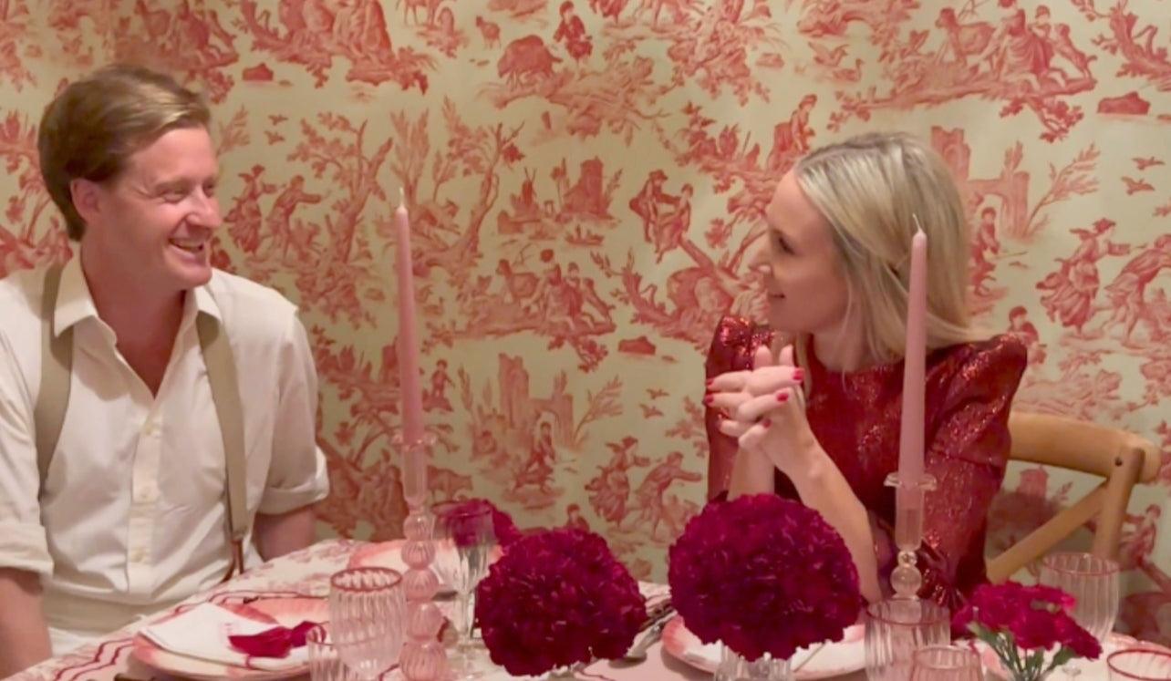 Alice Naylor-Leyland and husband Tom hosting a romantic Valentine’s Day celebration at home with red roses and signature decor.