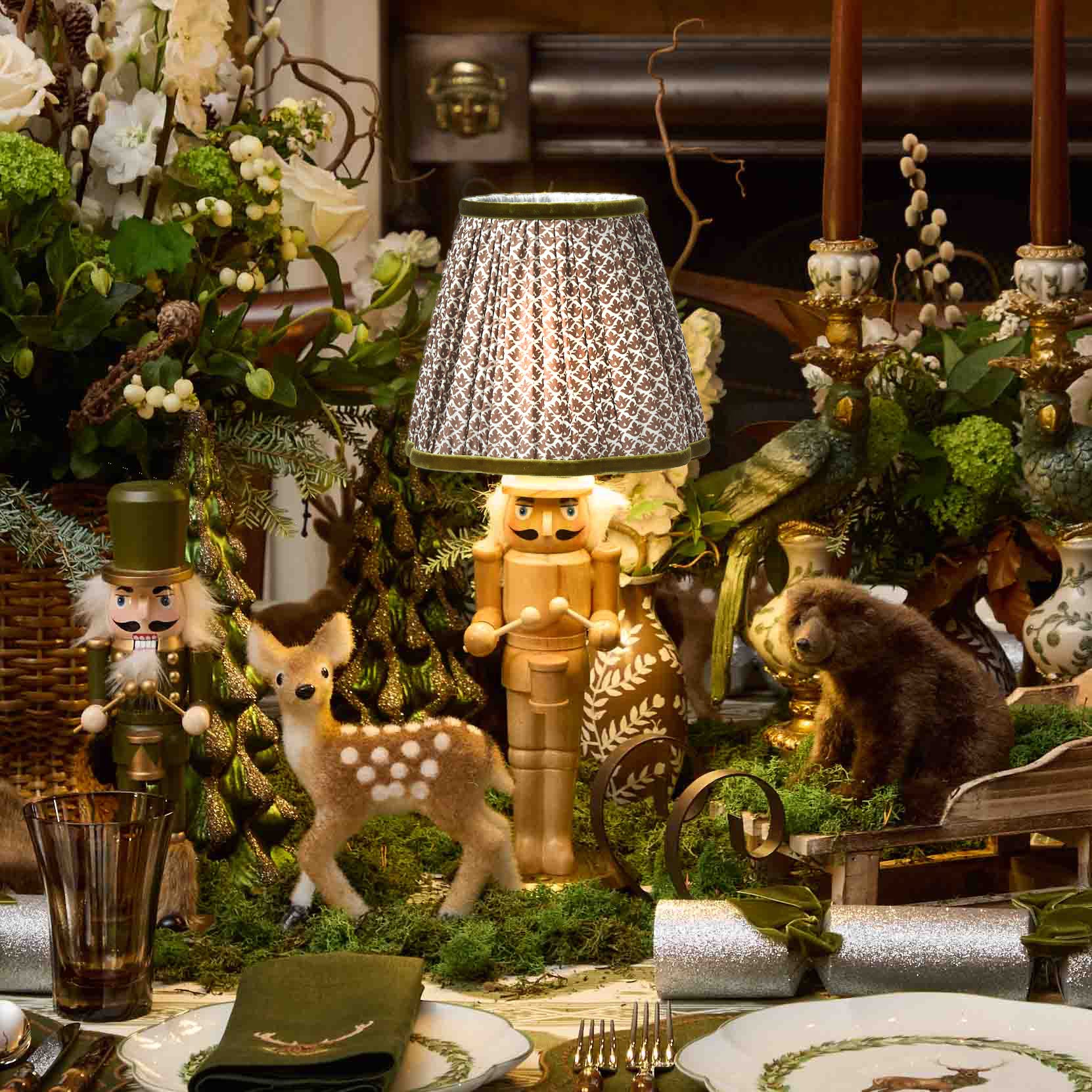 Pair of Nutcracker Rechargeable Lamp with Chocolate & Olive Lotus Shades (18cm)