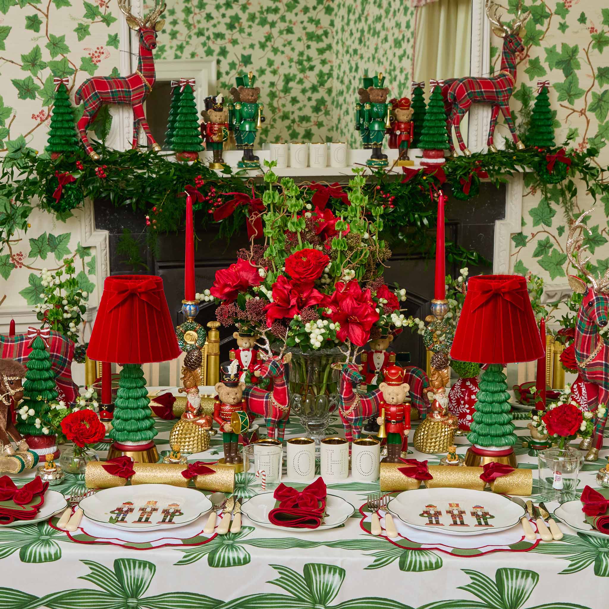 Decorative Christmas table setting with red and green theme