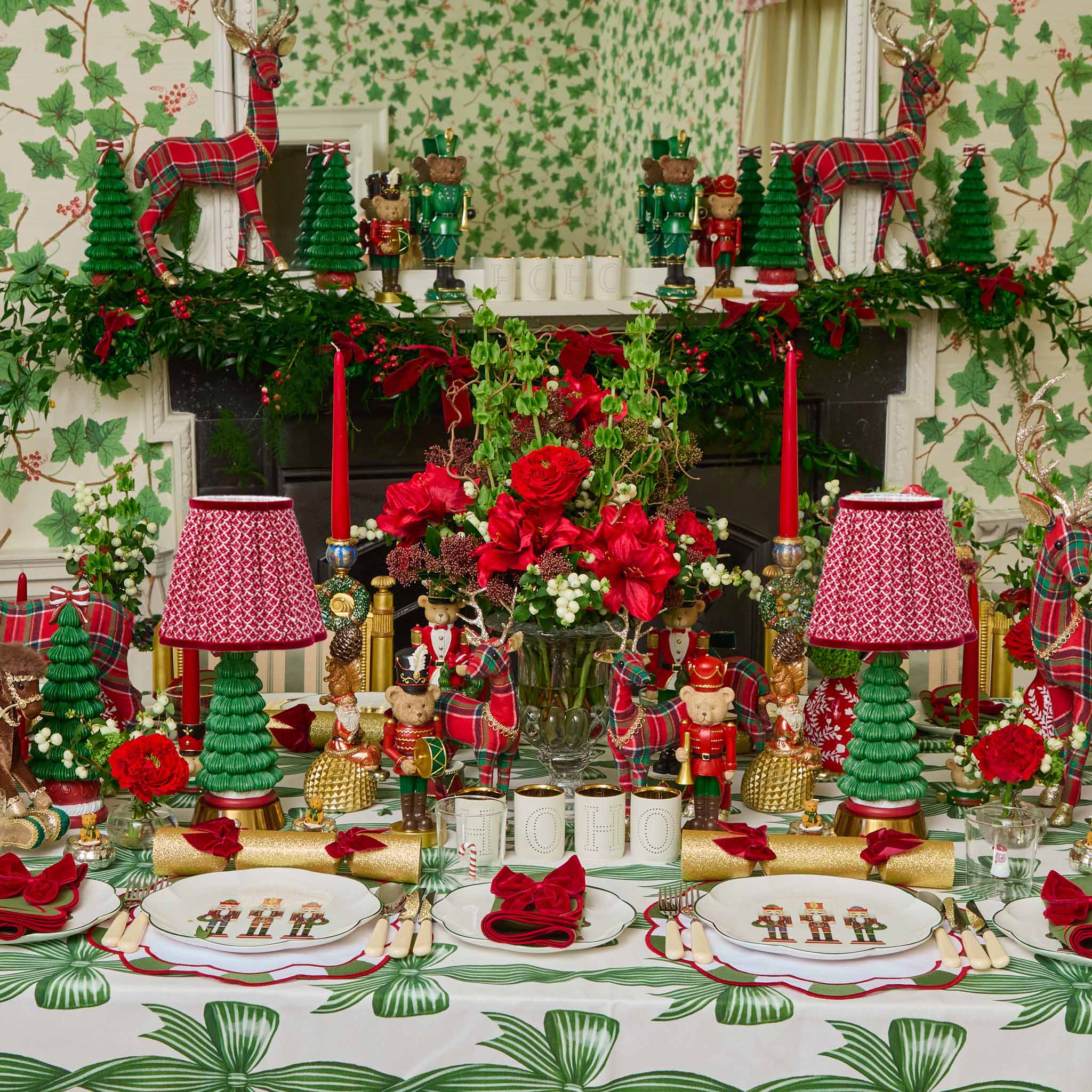Decorative Christmas table setting with red and green theme