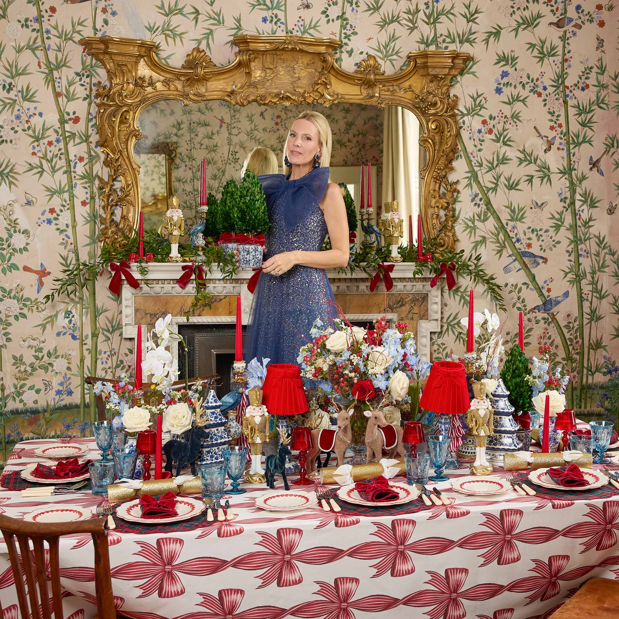 Red Ribboned Chinoiserie Potted Boxwood Trees (Pair)