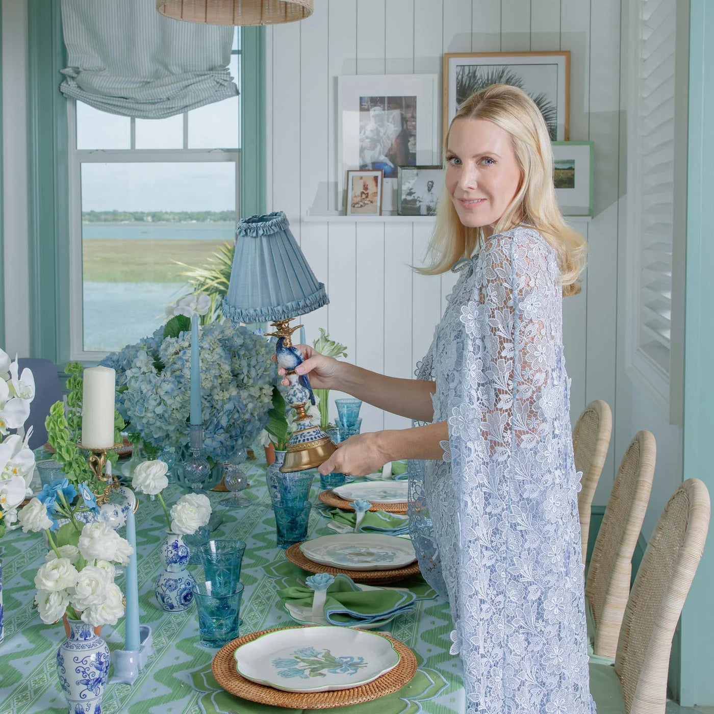 Blue Parrot Rechargeable Lamp with Soft Blue Silk Frilled Shade (18cm)