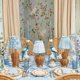 Rattan Ursula Rechargeable Lamp with Blue Fern Lampshade (15cm)
