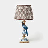 Blue Parrot Lamp with Chocolate Brown Ikat Scalloped Lampshade (30cm)