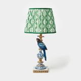 Blue Parrot Lamp with Apple Green Ikat Scalloped Lampshade (30cm)