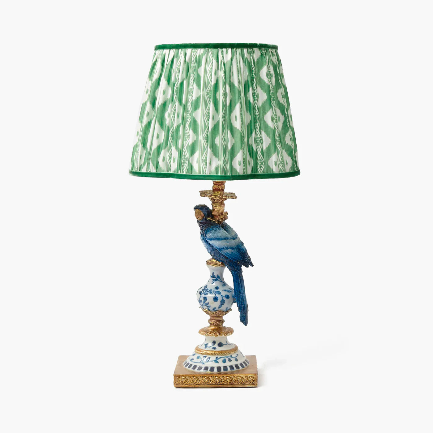Blue Parrot Lamp with Green Ikat Shade (30cm)