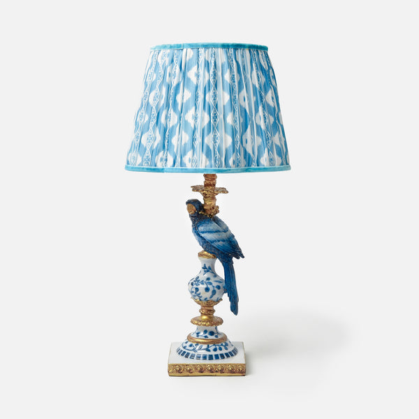Blue Parrot Lamp with Soft Blue Ikat Scalloped Lampshade (30cm)
