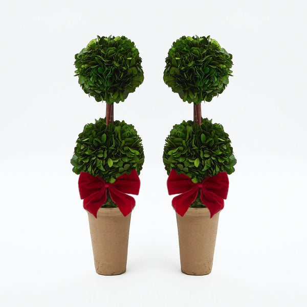 Embrace the spirit of the season with the Red Ribboned Double Potted Boxwood Ball (Pair). These vibrant decorations are perfect for adding a festive touch to your space.