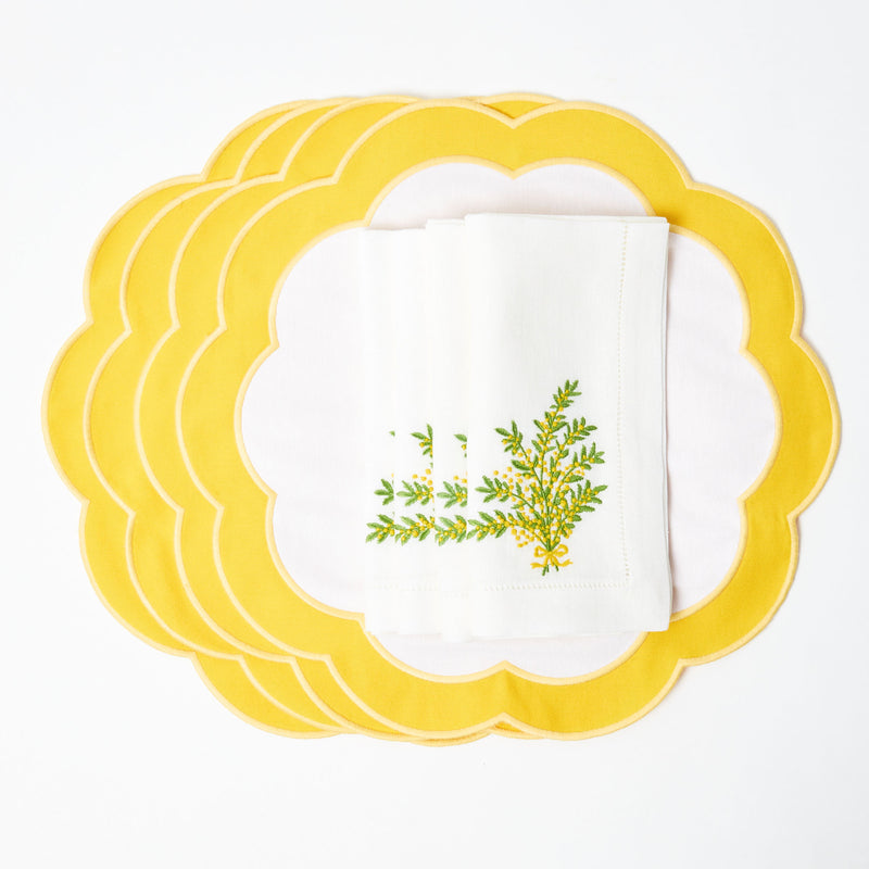 Yellow Appliqué Placemats & Mimosa White Linen Napkin (Set of 4)