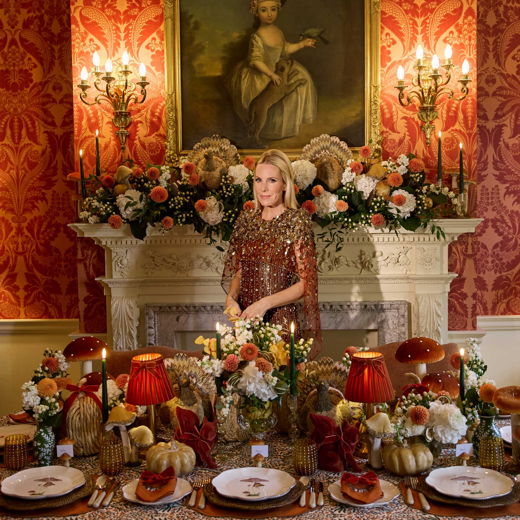 Eloise Orange & Green Linen Placemats & Mushroom Garland Napkins (Set of 4)