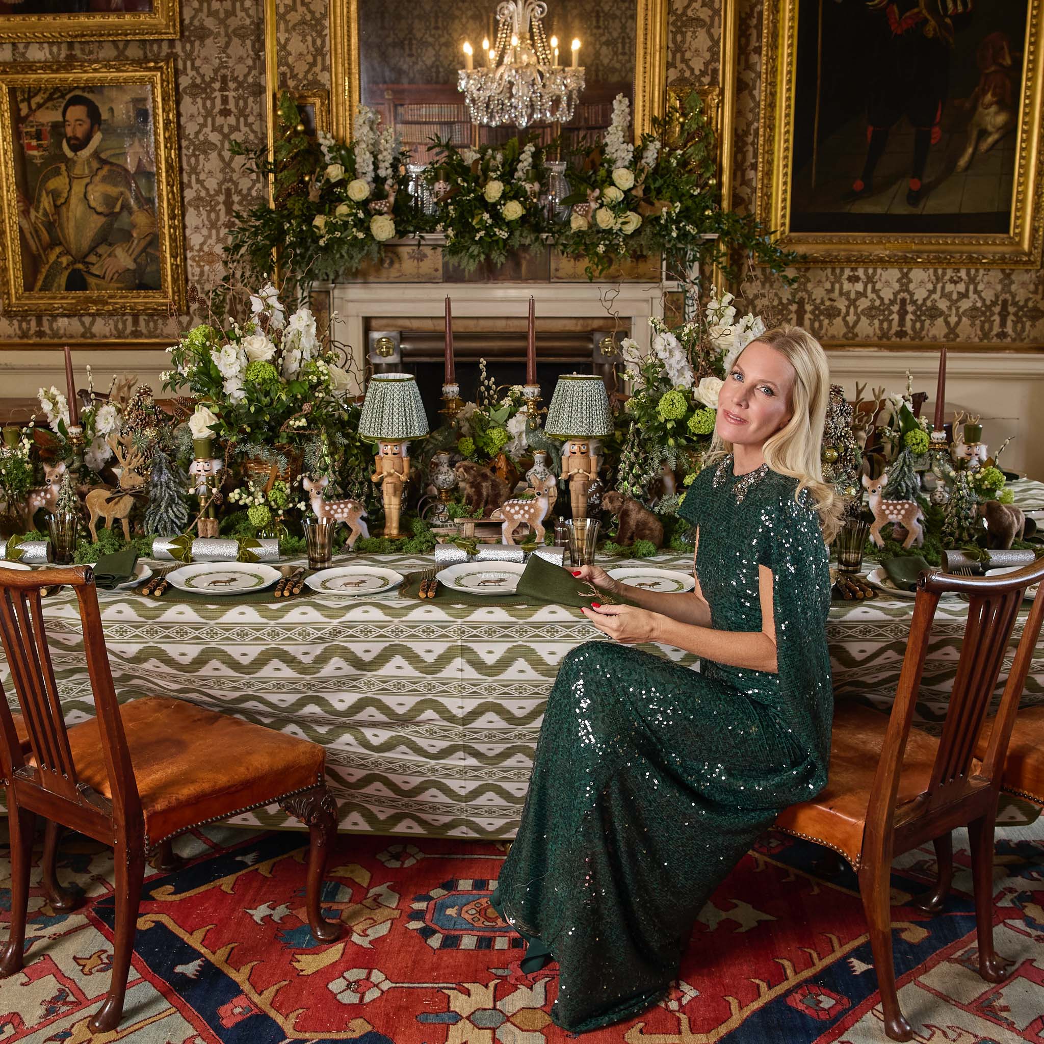 Eloise Green & Chocolate Linen Placemats & Stag Napkins (Set of 4)