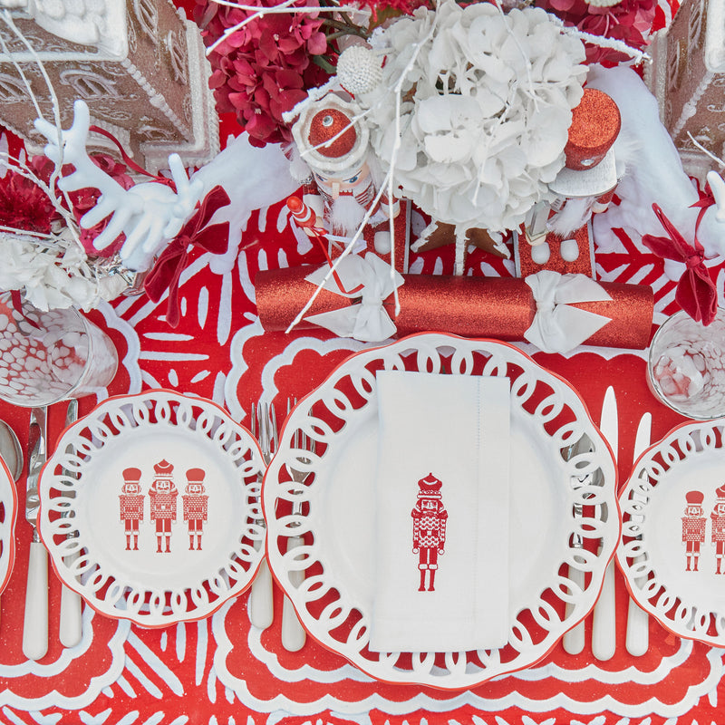 Holiday-Themed Napkins: Red Nutcracker Embroidery on White