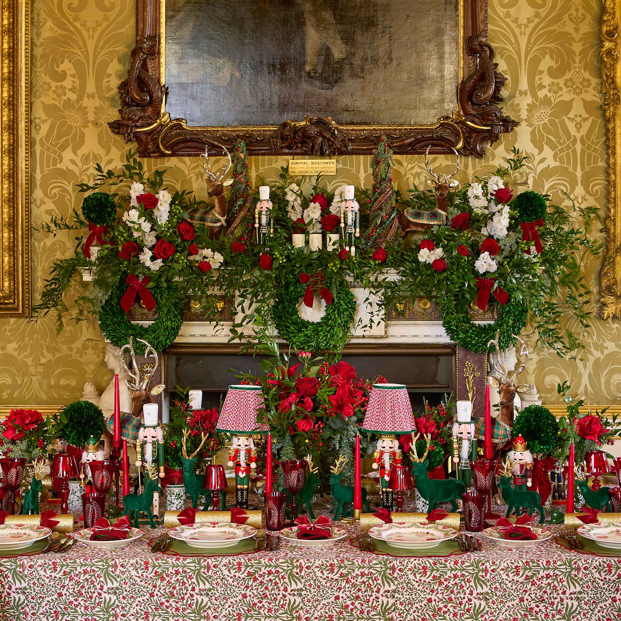 Red Ribboned Chinoiserie Potted Boxwood Balls with Berries (Pair)
