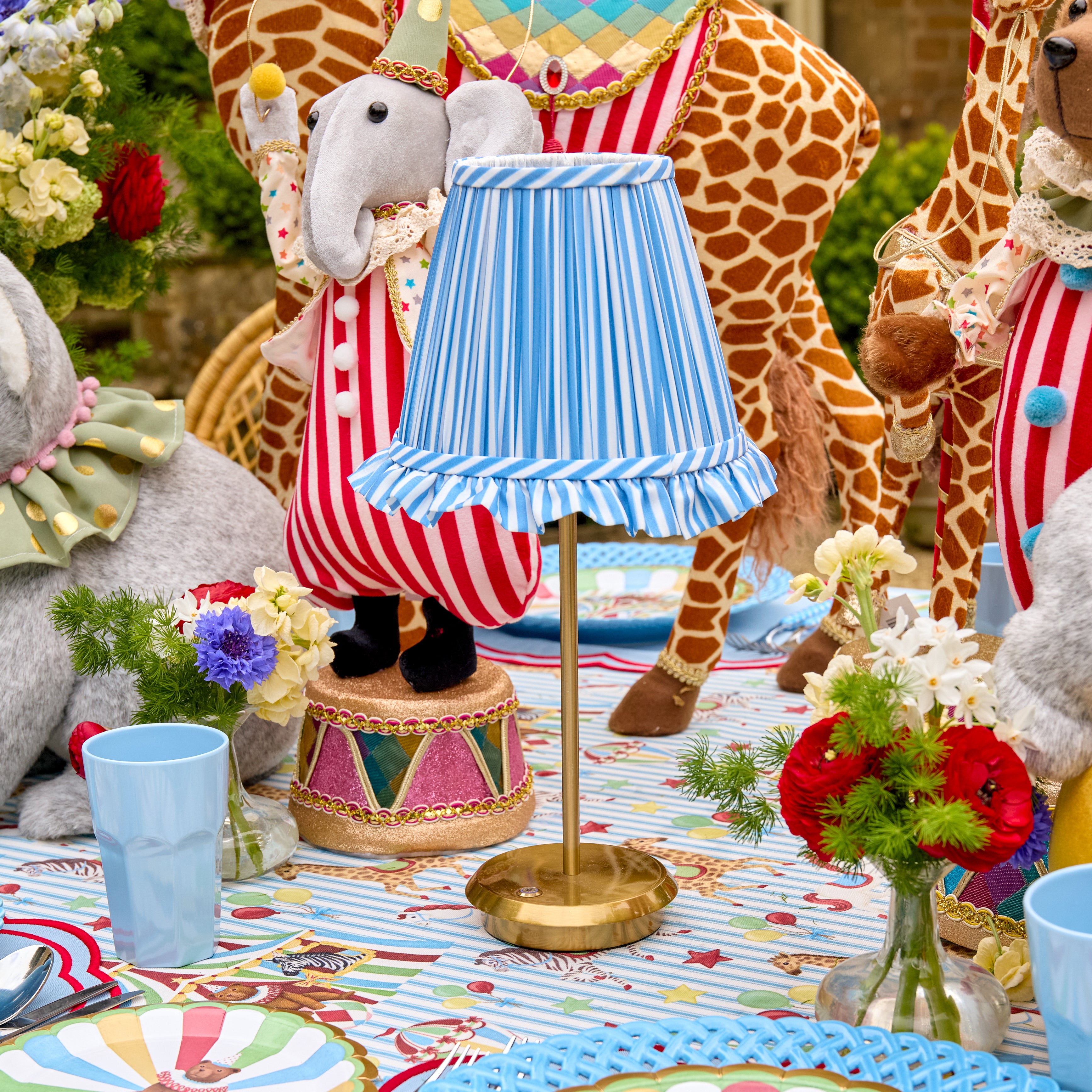 Tall Rechargeable Lamp with Blue Striped Ruffle Shade (18cm)
