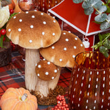 Three velvety caramel mushrooms, each distinct in size and shape.