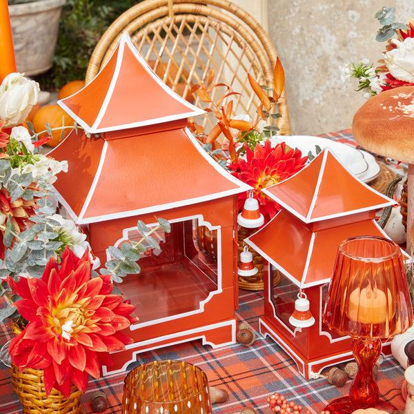 Elevate your decor with the Burnt Orange Mini Pagoda Lantern Pair, designed to infuse your space with charm and elegance.