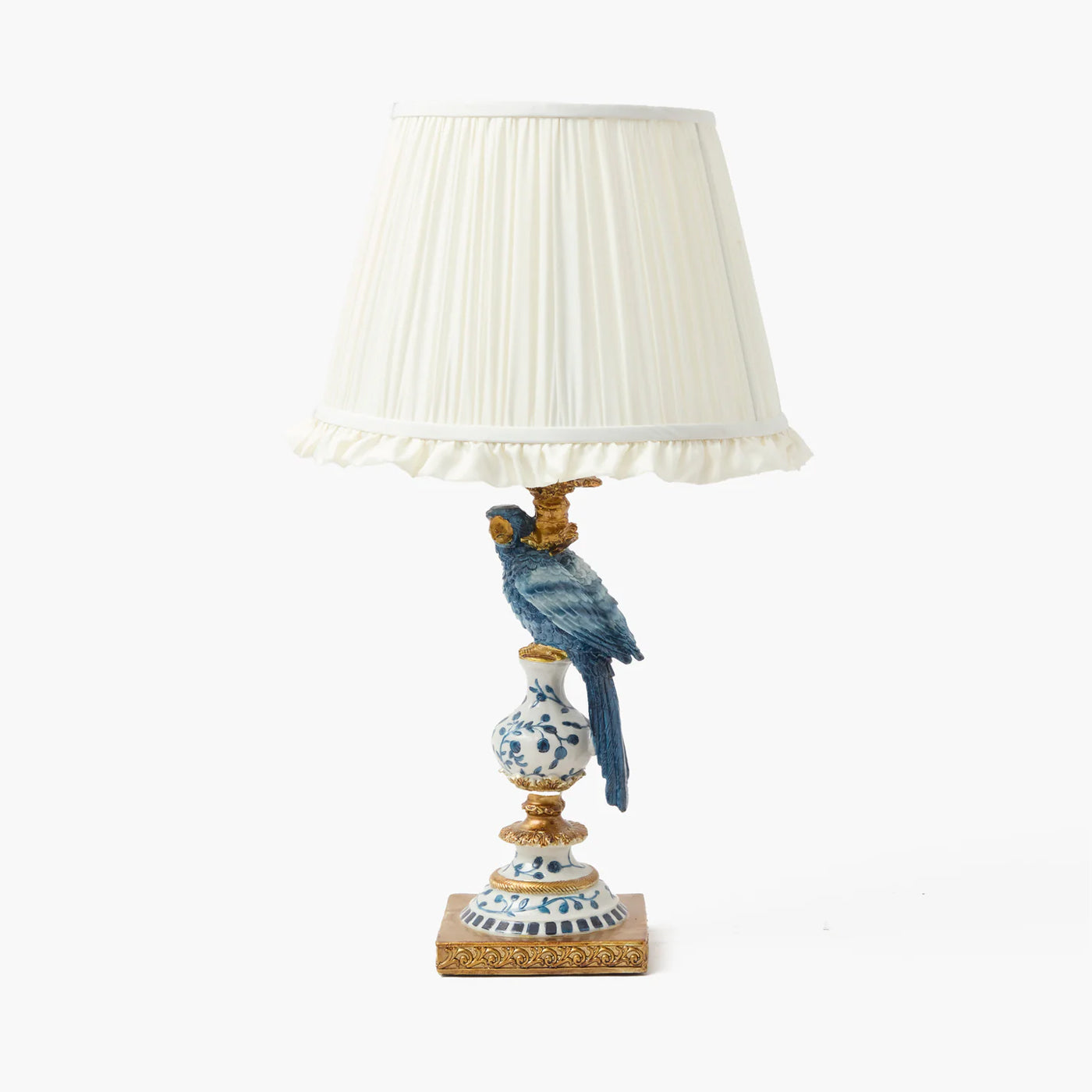 Blue Parrot Lamp with Cream Ruffle Shade (30cm)