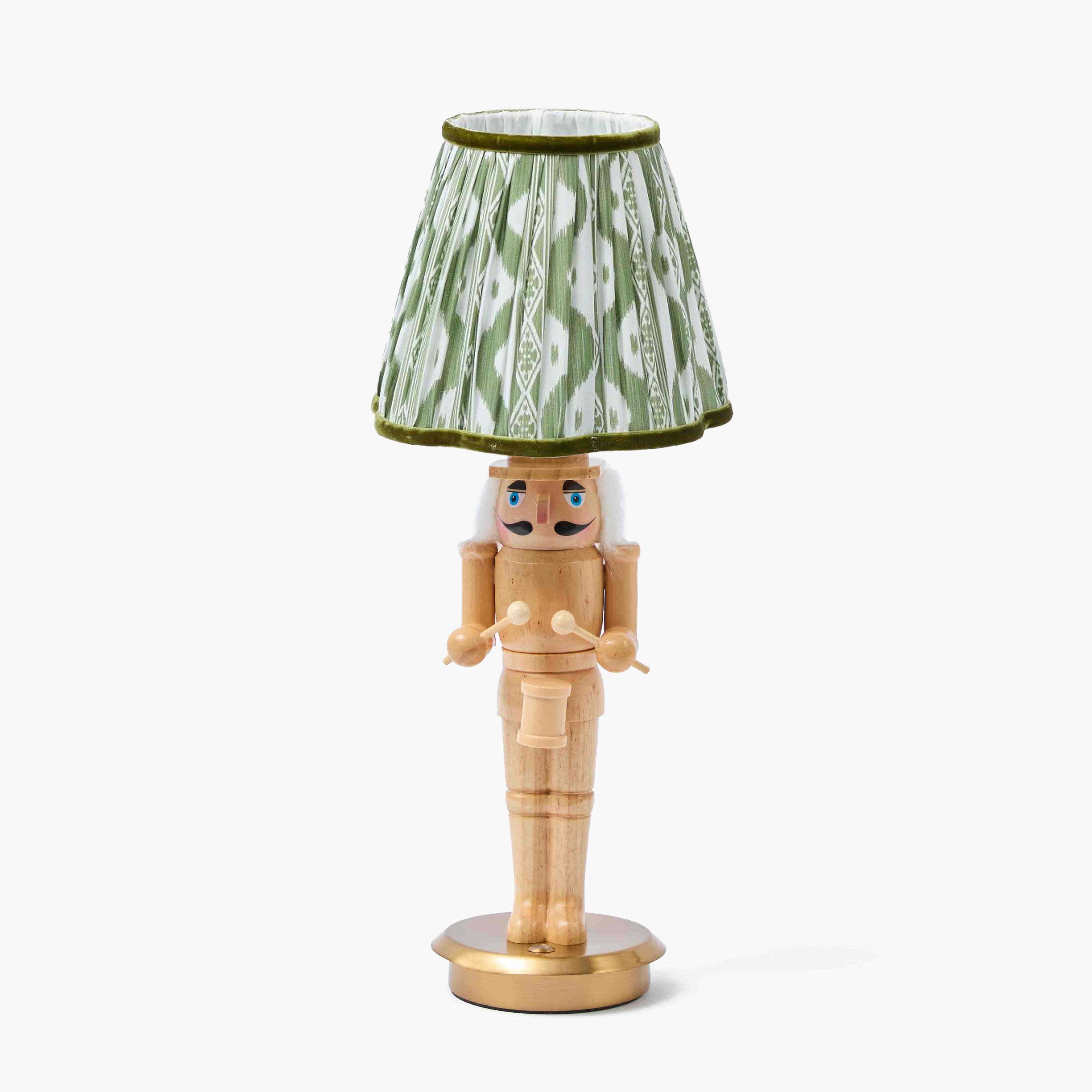 Nutcracker Rechargeable Lamp with Olive Ikat Shade (18cm)