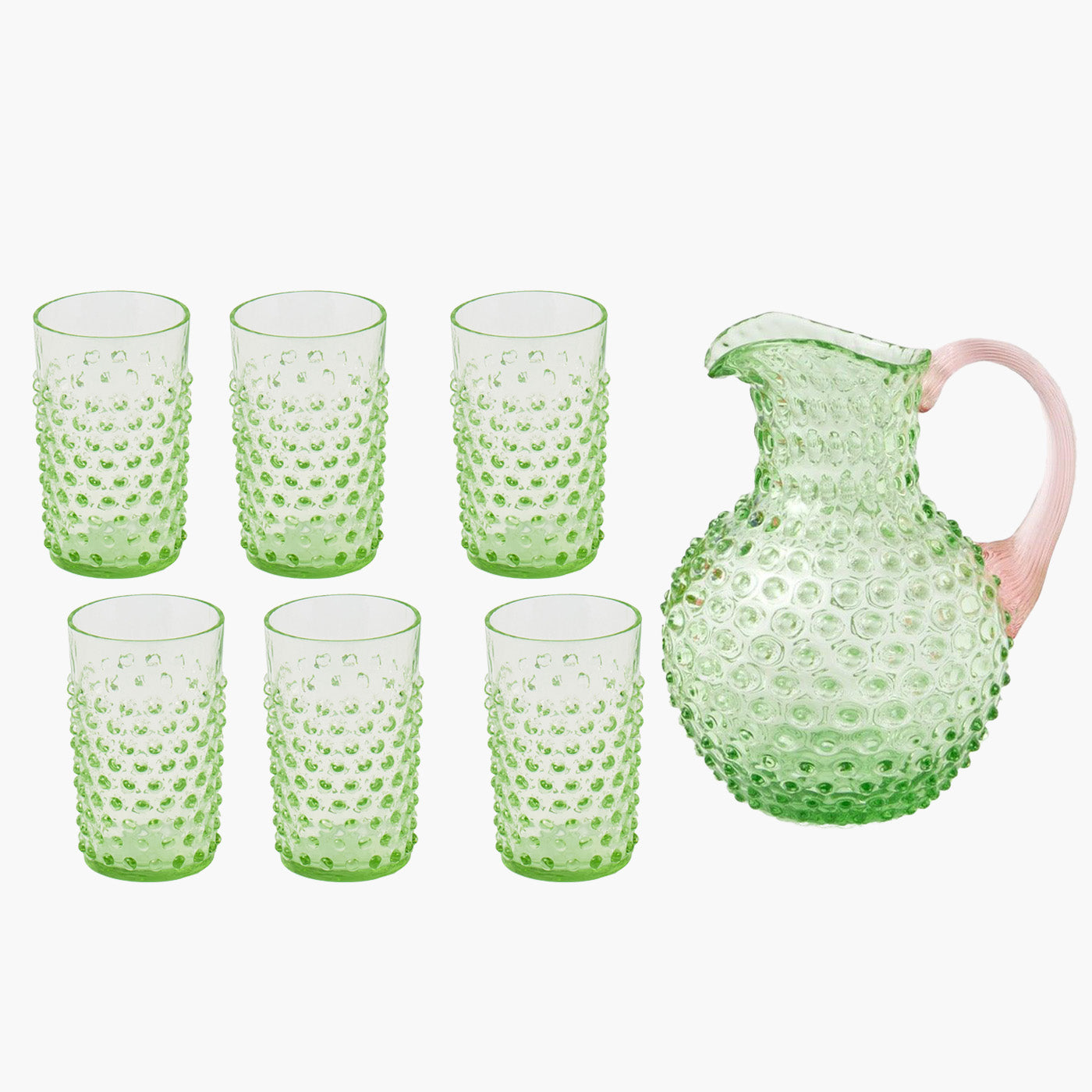 Emerald Hobnail Jug with Rose Handle & Glasses (set of 6)