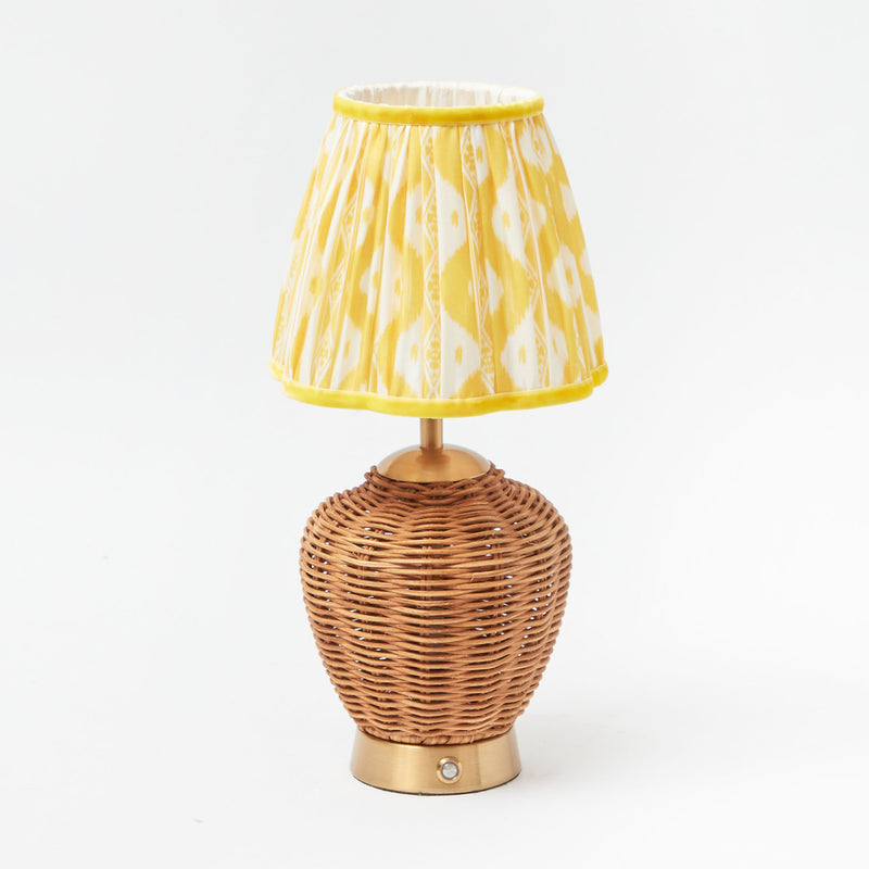 Rattan Ursula Rechargeable Lamp with Yellow Ikat Scalloped Lampshade (18cm)