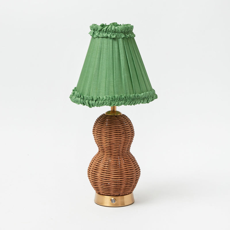 Rattan Bardot Rechargeable Lamp with Green Frilled Silk Lampshade (18cm)