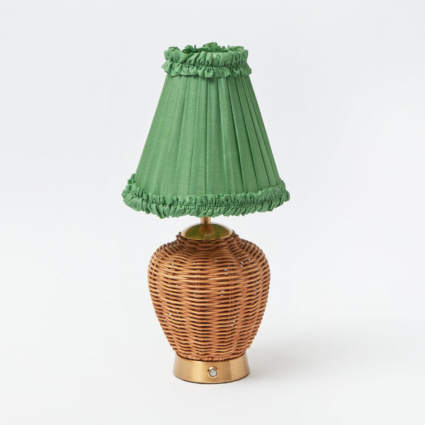 Rattan Ursula Rechargeable Lamp with Green Frilled Silk Lampshade (18cm)