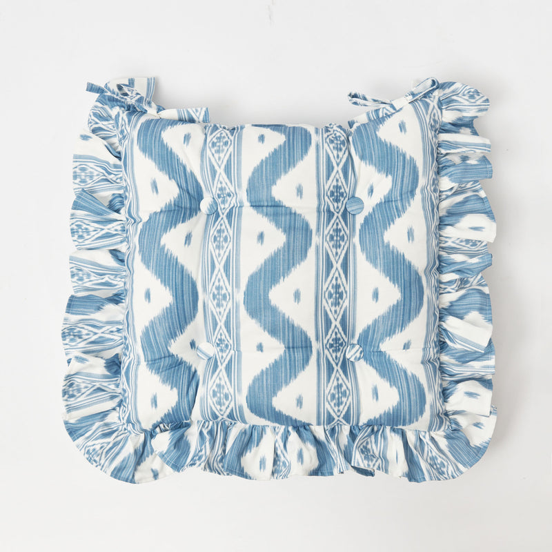 Frilled Blue Ikat Seat Pad Cushions (Set of 4)
