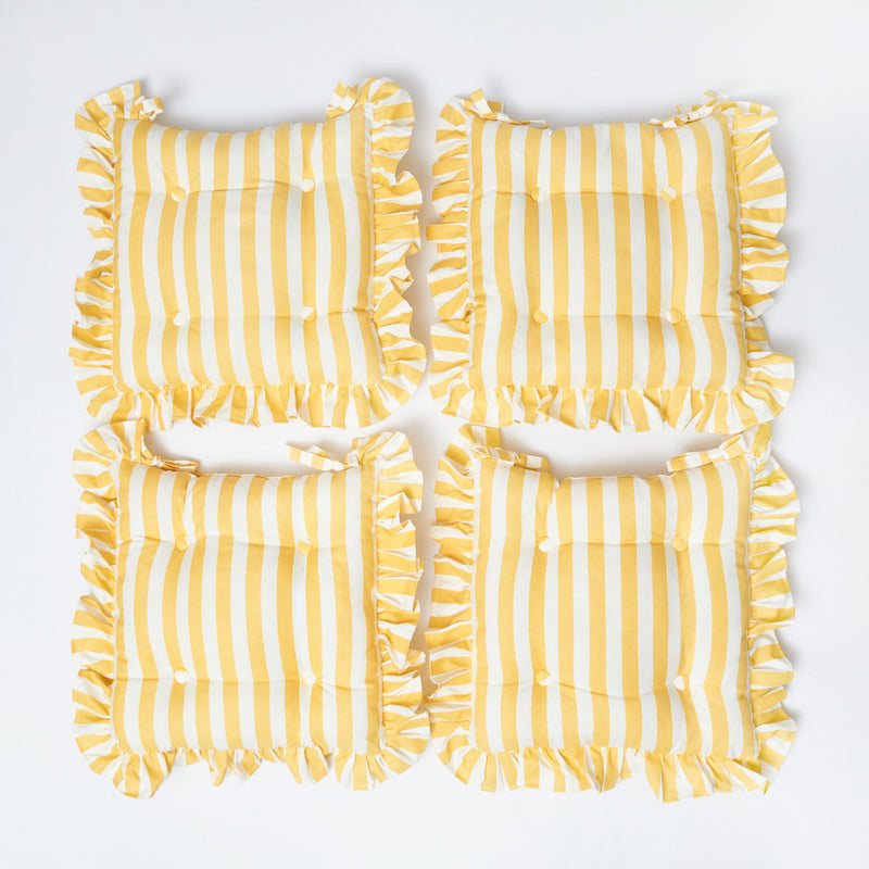Frilled Yellow Stripe Seat Pad Cushions (Set of 4)