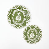 Set of 4 plates showcasing intricate olive and pomegranate patterns.