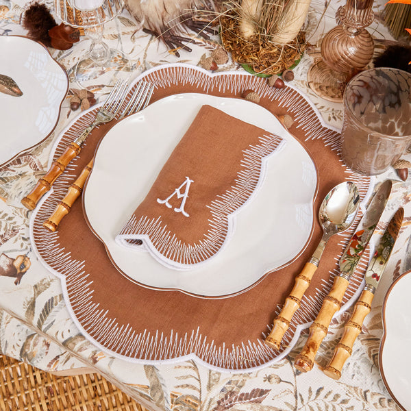 Set of 4 Alathea Caramel Linen Placemats & Napkins for elegant dining.