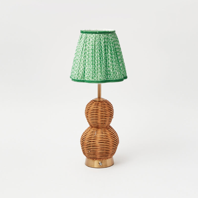 Rattan Bardot Rechargeable Lamp with Green Lotus Flower Lampshade (15cm)