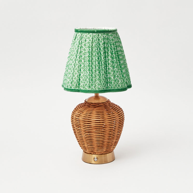 Rattan Ursula Rechargeable Lamp with Green Lampshade (18cm)