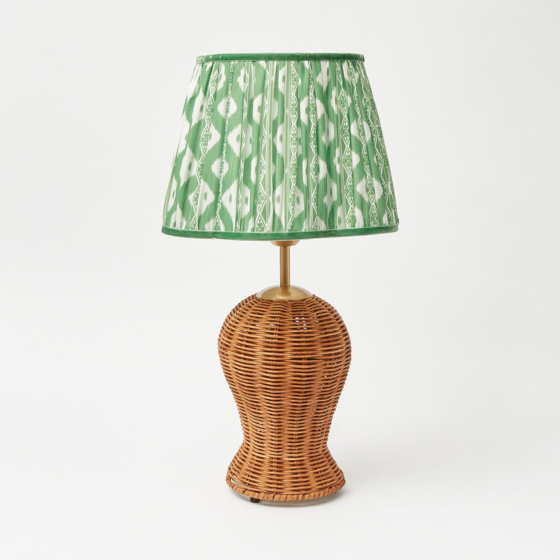 Rattan Blanche Lamp with Green Ikat Lampshade (30cm)
