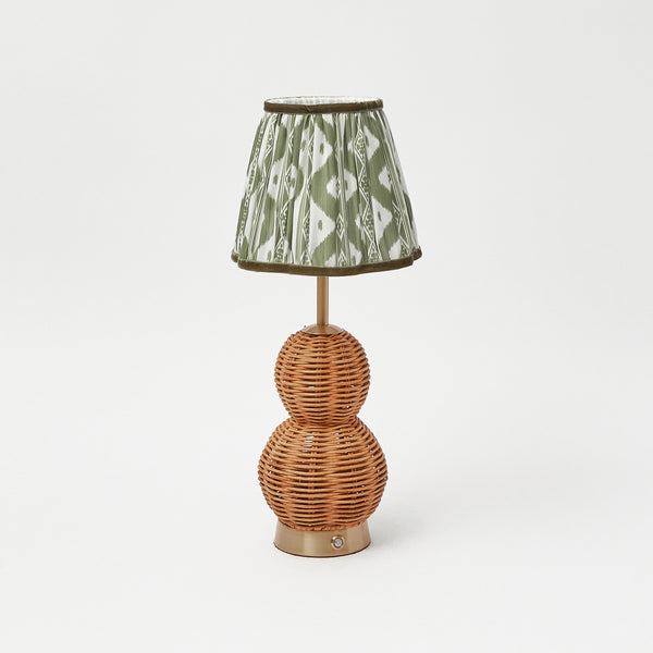 Rattan Bardot Rechargeable Lamp with Olive Ikat Lampshade (15cm)