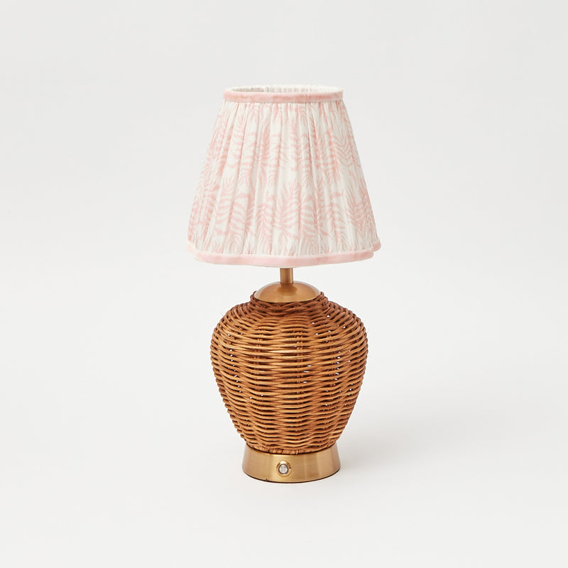 Rattan Ursula Rechargeable Lamp with Pink Fern Lampshade (15cm)