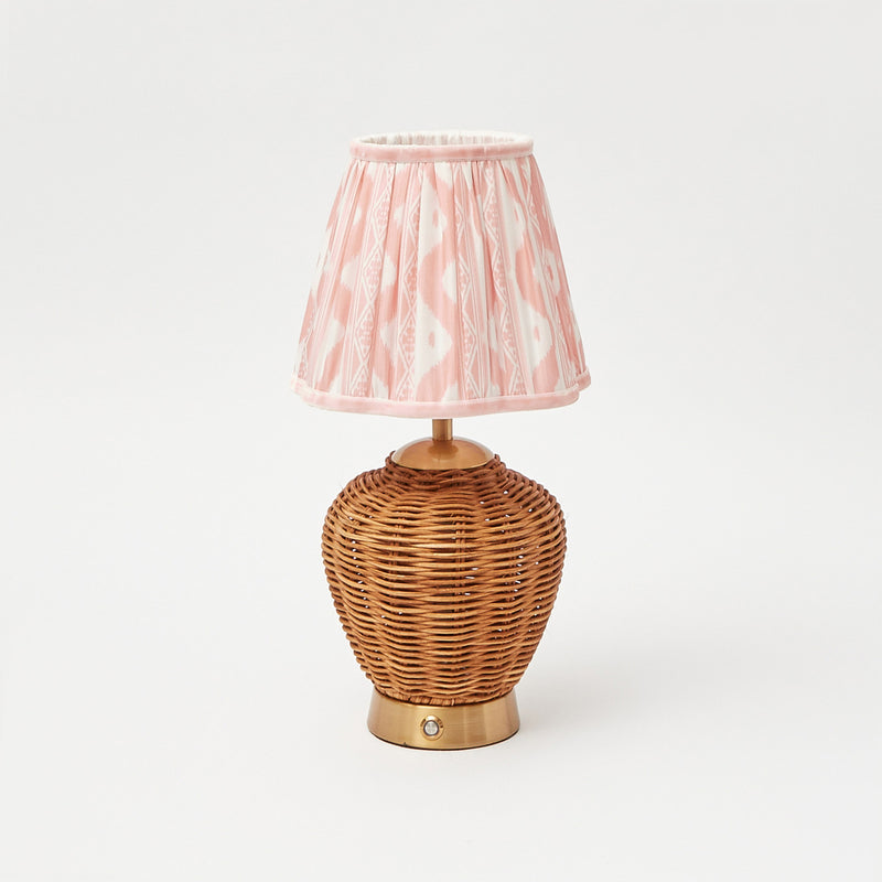 Rattan Ursula Rechargeable Lamp with Pink Ikat Lampshade (15cm)