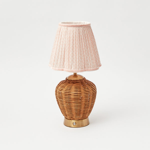 Rattan Ursula Rechargeable Lamp with Pink Lampshade (18cm)