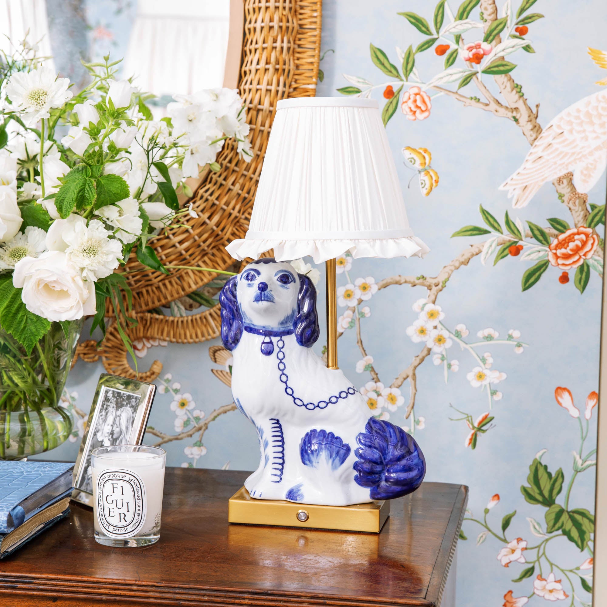 Rechargeable Staffordshire Dog Lamp with Cream Ruffle Shade (Pair)