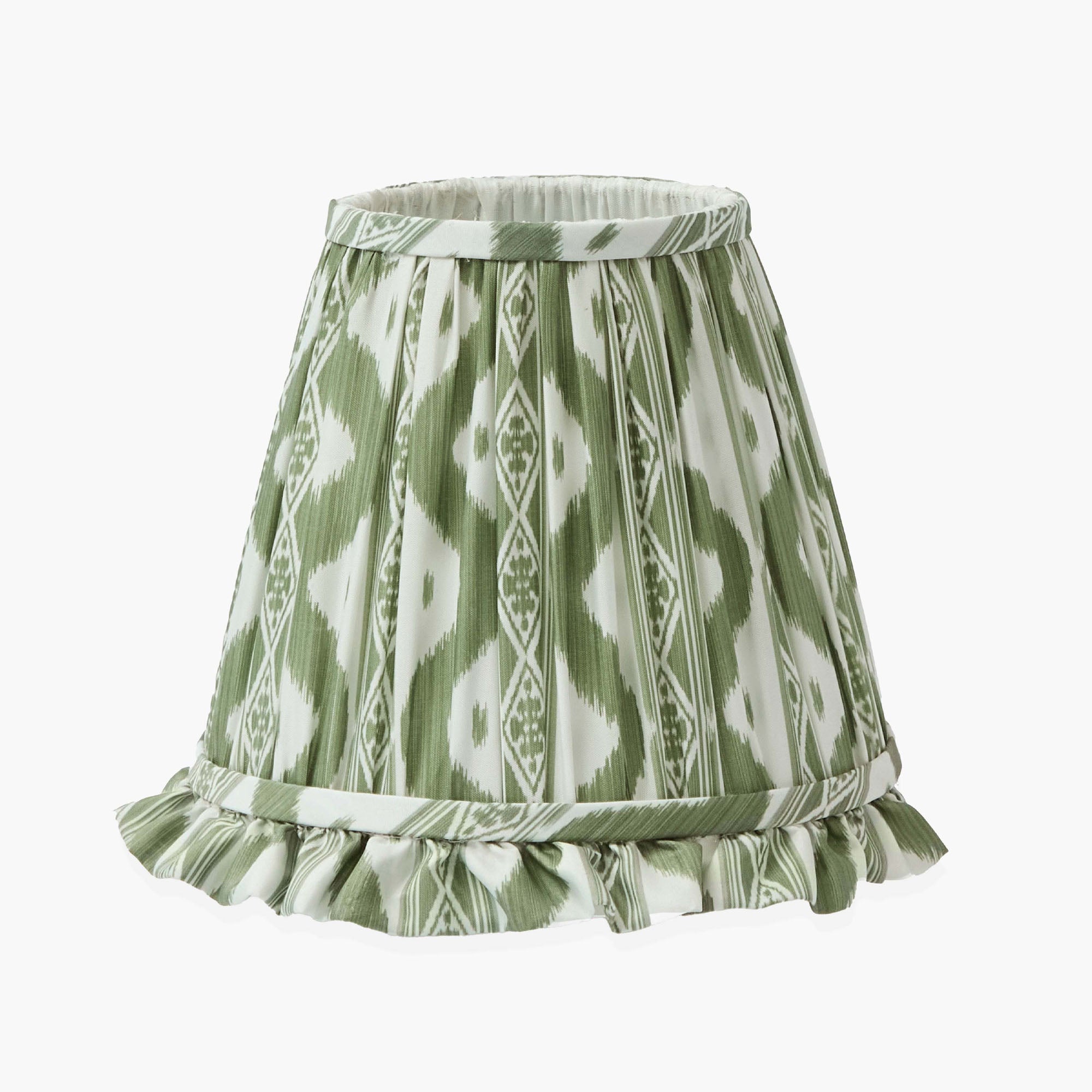 Glass Bardot Rechargeable Lamp with Olive Ikat Ruffle Shade (18cm)