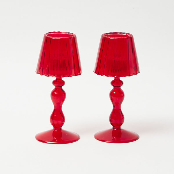 Red Glass Lantern Tea Light Holder (Pair) - 18 cm