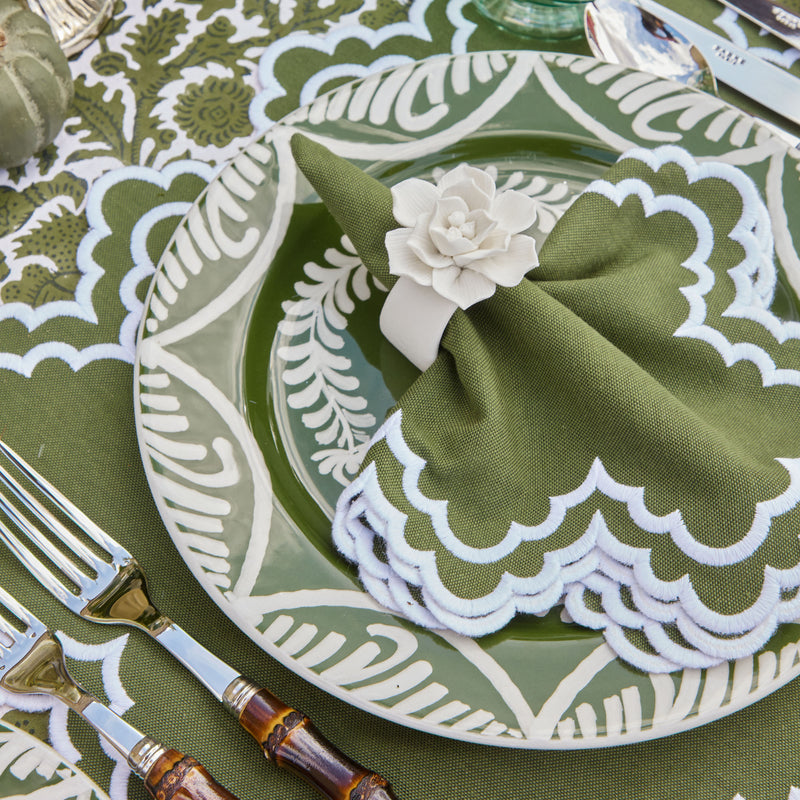Coordinated set of elegant Scarlett Green & White napkins, totaling four.