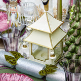 Create a sophisticated ambiance with these White With Gold Pagoda Lanterns.