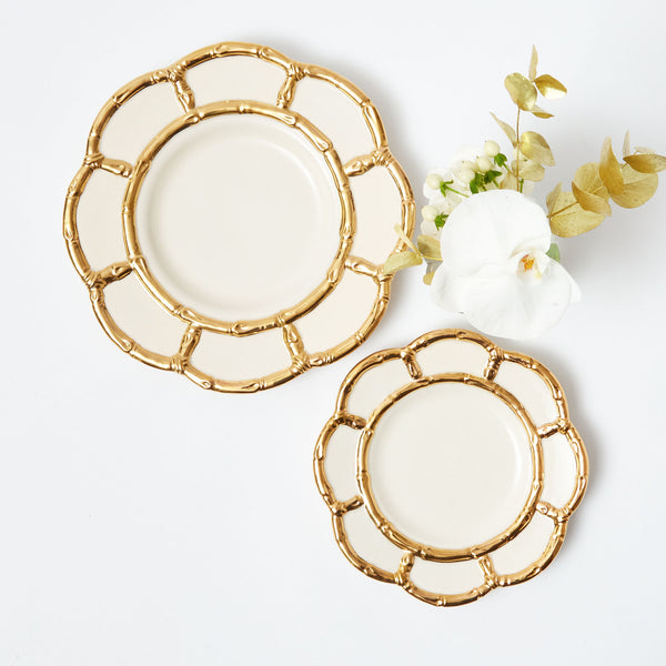 Elevate your dining experience with the Gold Petal Bamboo Ceramic Starter Plate, a work of art that adds a touch of elegance and a hint of gold petal detailing to your table.