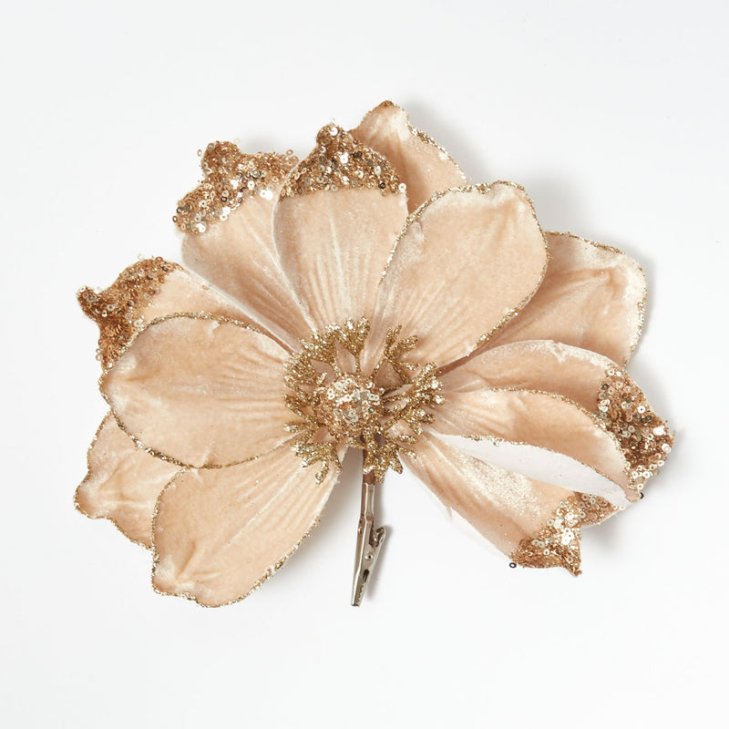 Bring a touch of luxury to your decorations with the Clip On Champagne Flower Ornament.